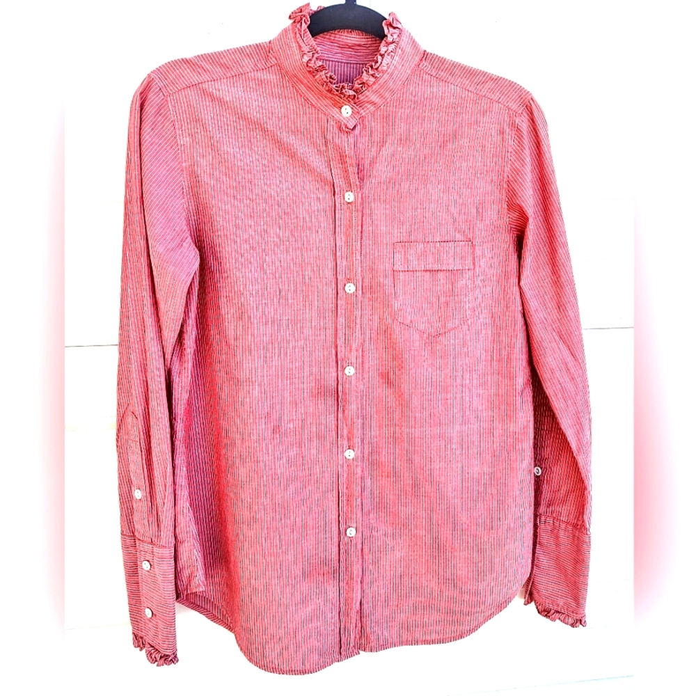 NILI LOTAN | Lydia Ruffle Neck and Cuff Shirt in Red Stripe- MEDIUM